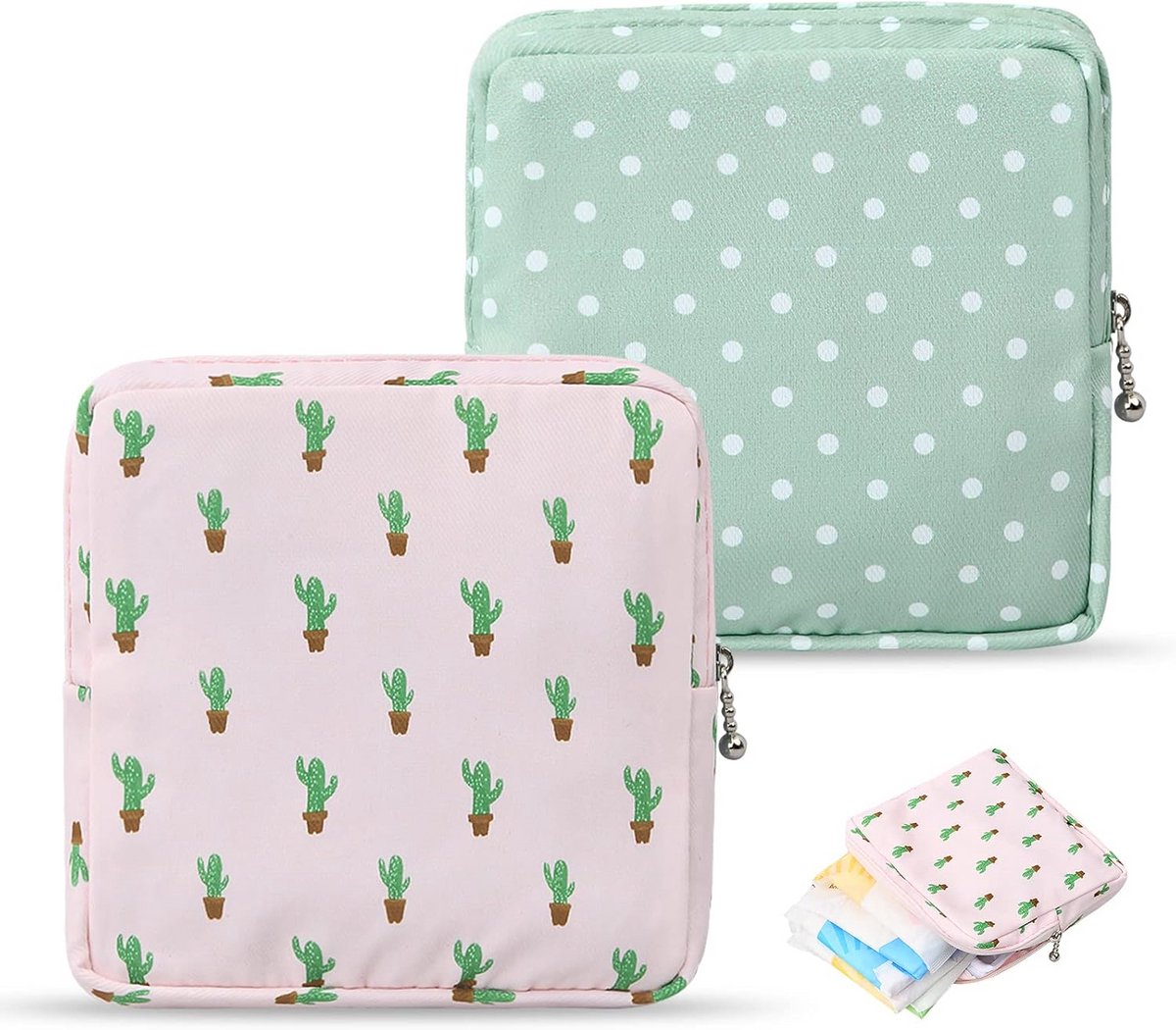 Opbergtas Maandverband - Menstruatie Tas - Privacy Beschermen - Zacht Katoen Materiaal - 2 Stuks 13cm - Roze Groen
