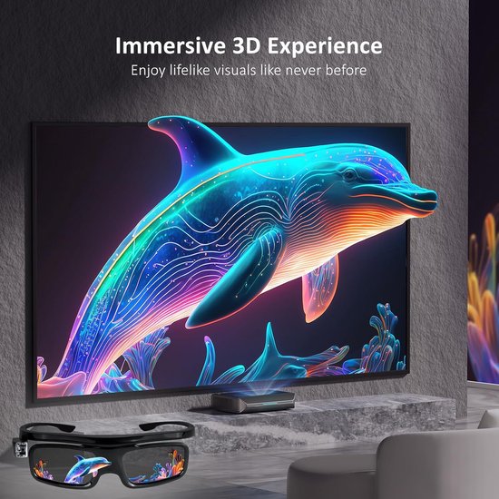 3D-bril en tv met een heldere, kleurrijke dolfijn erop, voor een meeslepende 3D-ervaring.