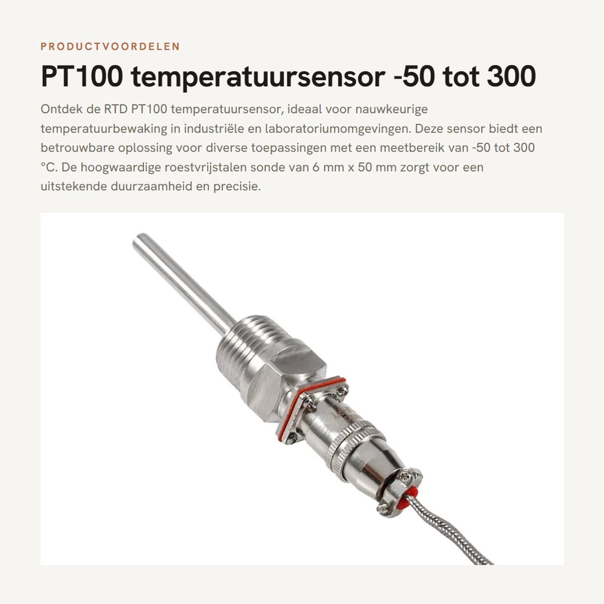 Dailygoods- Temperatuursensor PT100 - Nauwkeurige meting - Roestvrij Stalen Sonde 6 mm x 50 mm - 1/2 NPT Schroefdraad - 2 m Draad - Bedrijfstemperatuur -50 tot 300 °C - Temperatuursonde