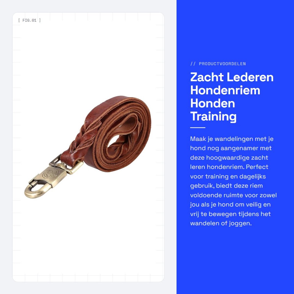 Dailygoods- Hondenriem Zacht Leer - Hondenhalsband - Hondenharnas - Duurzaam - Gevlochten - Metalen Clip - 2,5 x 120 cm - Hondentuig