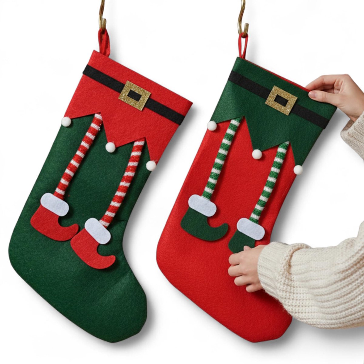 Dailygoods- Kerstkousen set van 2 - decoratieve vilten sokken - elfendesign - geschenkverpakking - 36,5 x 24 cm - duurzaam polyestervilt