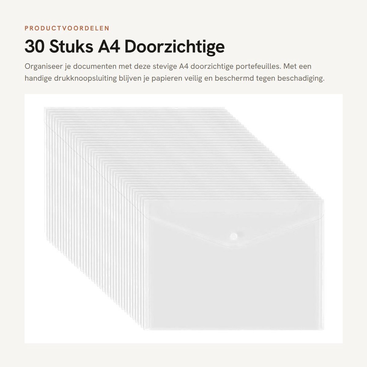 Dailygoods- Documentenmap 30 stuks - Doorzichtige Portefeuille - Drukknoopsluiting - Duurzaam Polypropyleen - A4 Formaat - Ruime Capaciteit 150 Vellen - Documentenhouder