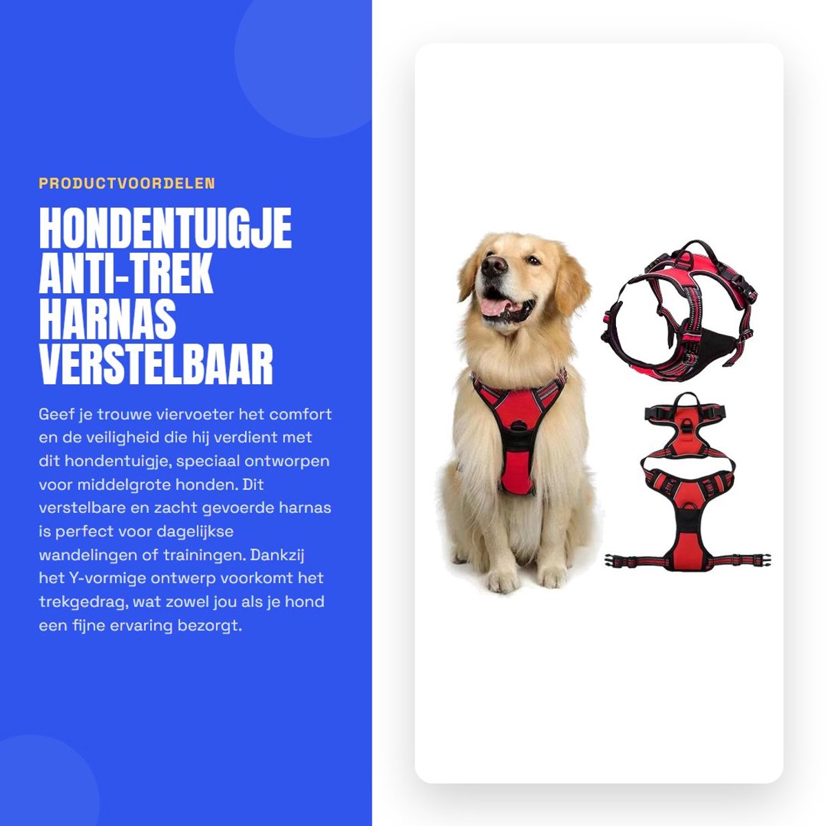 Dailygoods- Hondenharnas anti-trek - Verstelbaar hondentuigje - Zacht gevoerd huisdierenvest - Y-vormig harnas - Gemakkelijke handgreep - Voor training/wandelen - Hondentuig