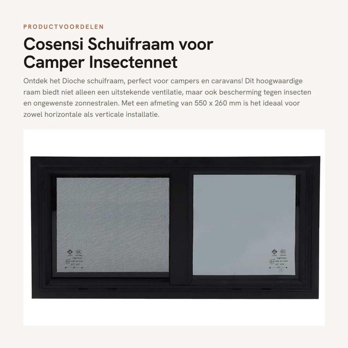Dailygoods- Schuifraam 550 x 260 mm - Aluminium Frame - Insectennet - Tinted Tempered Glas - Horizontaal/Verticaal - Schokbestendig - Motorhome Raam
