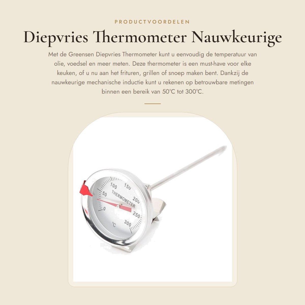 Dailygoods- Frituurthermometer Precisie - Keukenthermometer Digitaal - Temperatuurmeetbereik 50°C tot 300°C - Roestvrij Stalen Probe 15 cm - Geschikt voor Frituren/Grillen - 5 cm Wijzerplaat - Keuken Thermometer