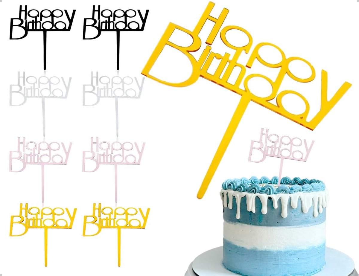 Dailygoods - 8 stuks Happy Birthday taarttoppers van acryl - Herbruikbare cupcake-decoratie