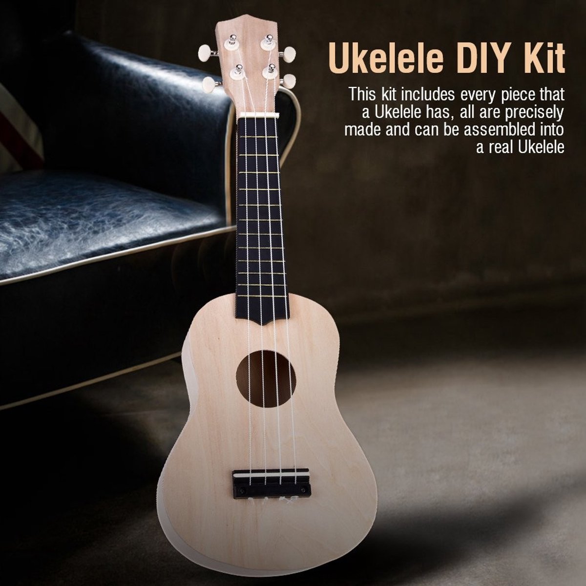 Dailygoods - DIY-ukelele - maak je eigen ukelele - perfect voor kinderen - doe-het-zelf ukelele-set - creatief en leerzaam - natuurlijk lindenhout - 5...