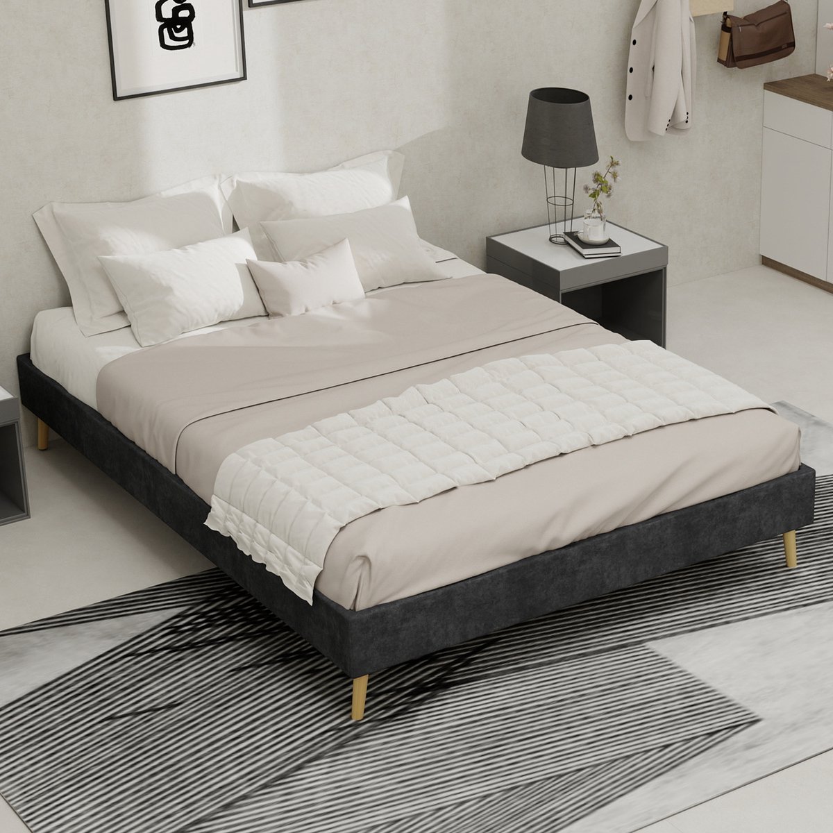 DESMIU Gestoffeerd Bed 140x200cm – Modern Bedframe Met Lage Opbouw – Stevige Constructie Zonder Verenbodem – Voor Slaapkamer – Zachte Fluwelen Stof – Grijs Zonder Matras