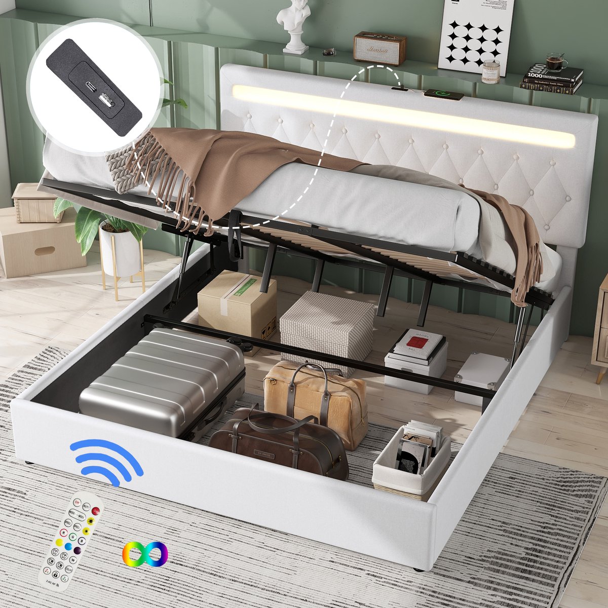 DESMIU Gestoffeerd Bed 180x200cm – Hydraulisch Opbergbed Met Led Sfeerverlichting En Usb Laadpunt – Voor Slaapkamer – Linnen – Wit – Zonder Matras