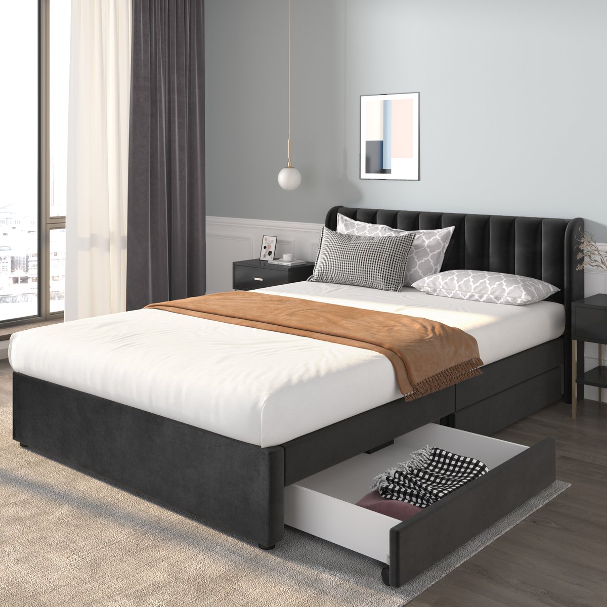 DESMIU Gestoffeerd Bed 140 x 200 cm – Velvet Bed Met Hoog Hoofdbord En 2 Lades – Voor Slaapkamer, Logeerkamer Of Jeugdkamer – Zwart – Zonder Matras