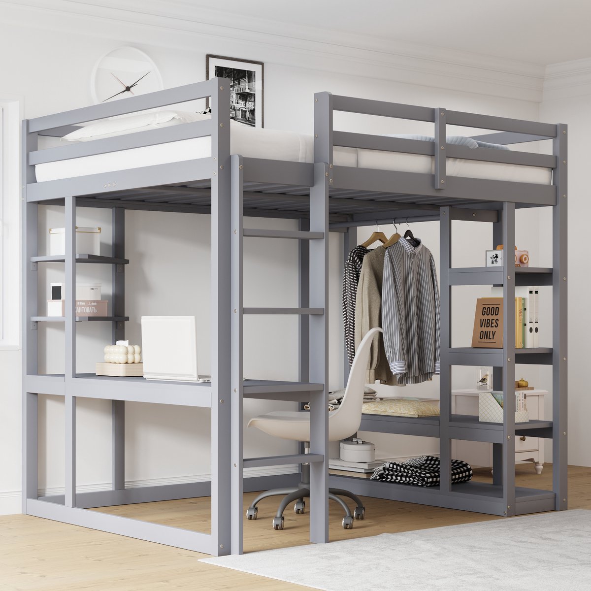 DESMIU Halfhoogslaper 140x200cm – Multifunctioneel Bed Met Bureau En Opbergruimte – Voor Kinder- En Tienerkamer – Massief Hout – Grijs – Zonder Matras