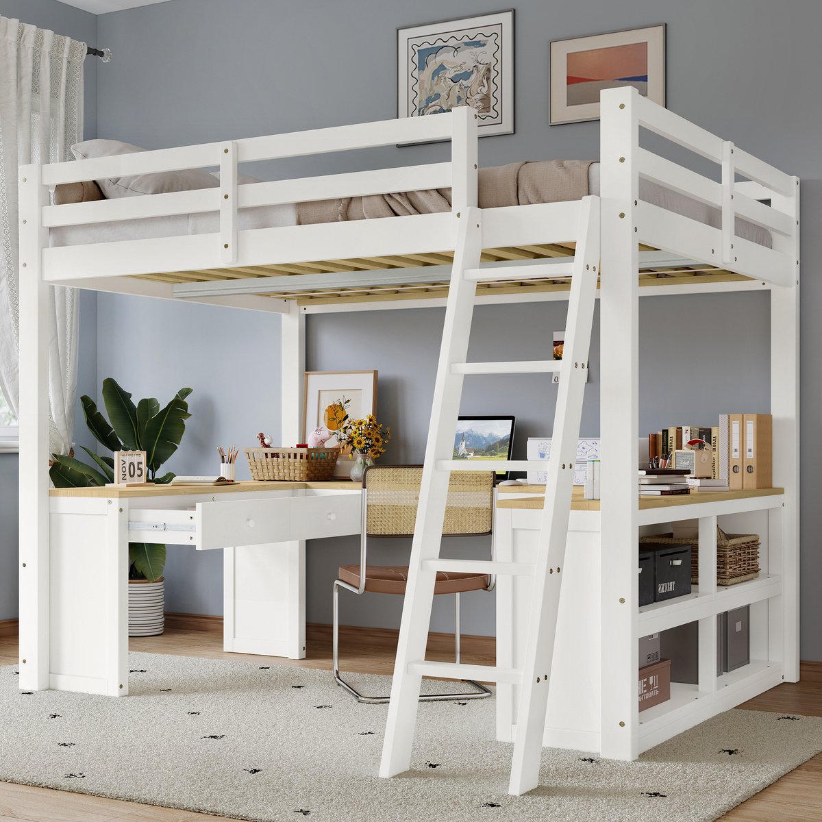 DESMIU Hoogslaper 140x200 Cm Met U-Vormige Lange Tafel Met Twee Lades En Opbergvak Voor Kinderslaapkamer Van Kiefer MDF PB En Triplex Zonder Matras Wit Natur