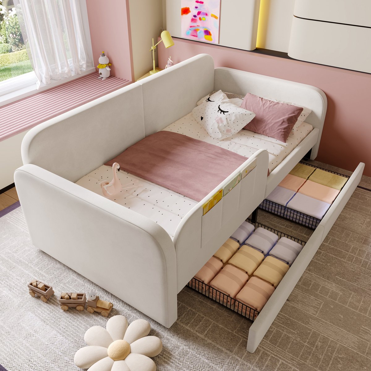 DESMIU Gestoffeerd Bed 90x200cm Zonder Matras – Kinder Spleetbed Met Metalen Lattenbodem – 2 Lades En 3 Zakken – Voor Kinderkamer – Zacht Fluweel – Wit