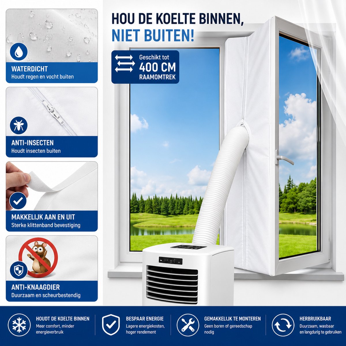 Aircloth Raamafdichtingskit mobiele airco-400 cm-Vensterafdichting voor airconditioners- Universele raamafdichting voor mobiele airconditioners en wasdrogers tot max 400 CM,-Geschikt voor draagbare airconditioners, Airco raamafdichting