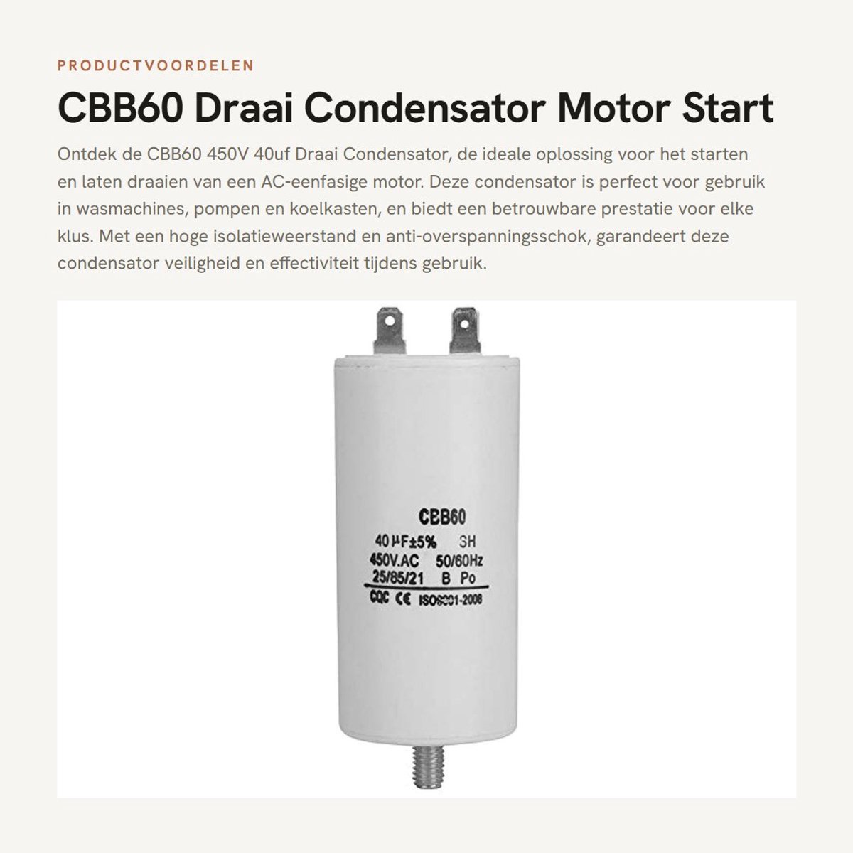 Dailygoods- Condensator 450V 40uF - Aanloopcondensator - Motor Start - Frequentie 50/60Hz - Hoge isolatieweerstand - Geschikt voor wasmachines/pompen - Motorcondensator