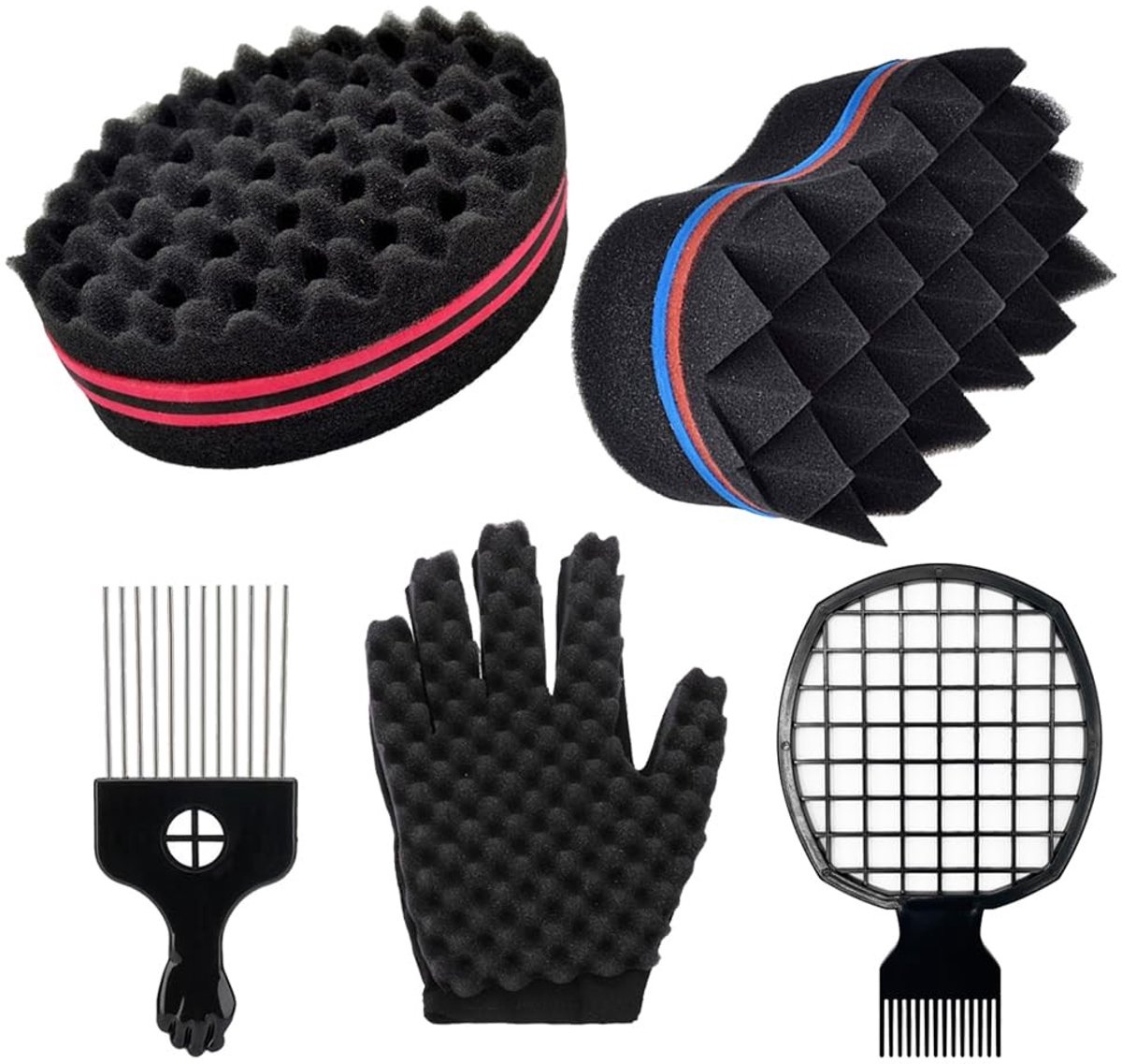 Dailygoods - Magic Curl Spons Dubbelzijdige Haarborstel - Professioneel Vlechtgereedschap - 5-delig - Geschikt voor Krullend Haar - Zacht en Comfortab...