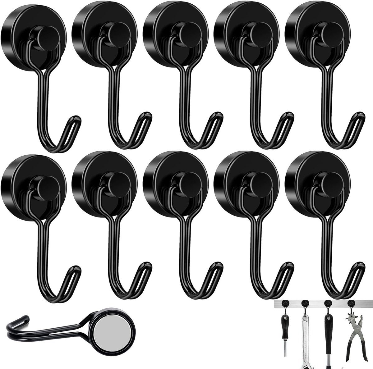 Dailygoods- Magneethaken Extra Sterk - 10 Stuks - Neodymium Magneten - Houdt 15 kg - Draaibaar - Roestbestendig - Zwarte Coating - Magnetische Haken
