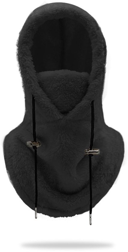 Zwarte bivakmuts van fleece, met capuchon en trekkoorden.