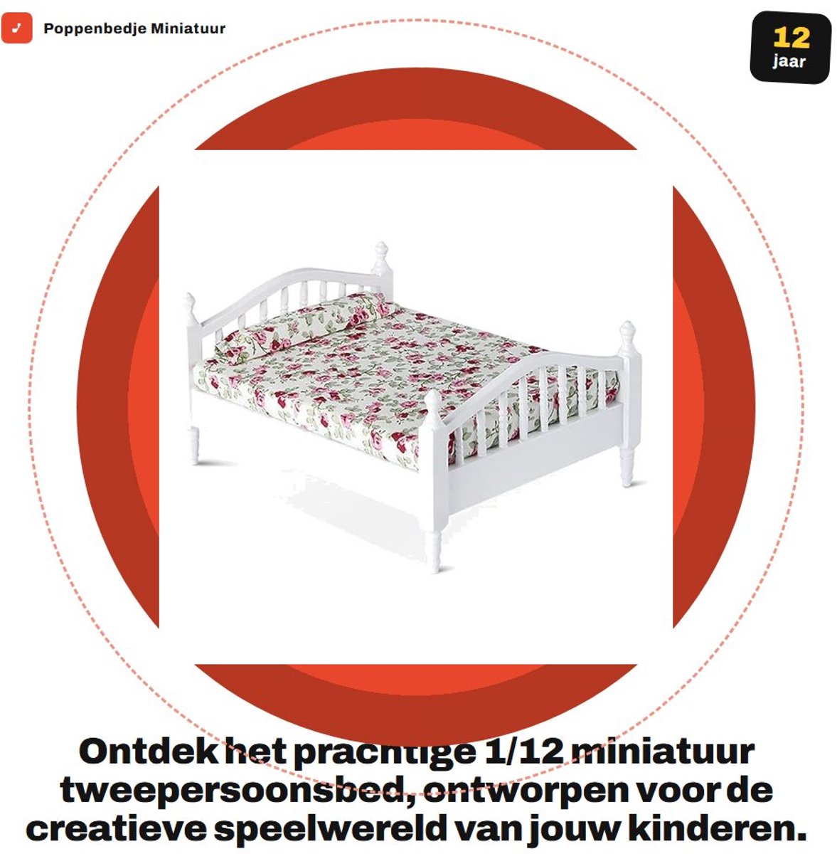Dailygoods- Poppenbedje Miniatuur - Houten Tweepersoonsbed - Bloemenpatroon - 1/12 Schaal - Speelhuisdecoratie - Geen montage nodig - Poppenhuisbed