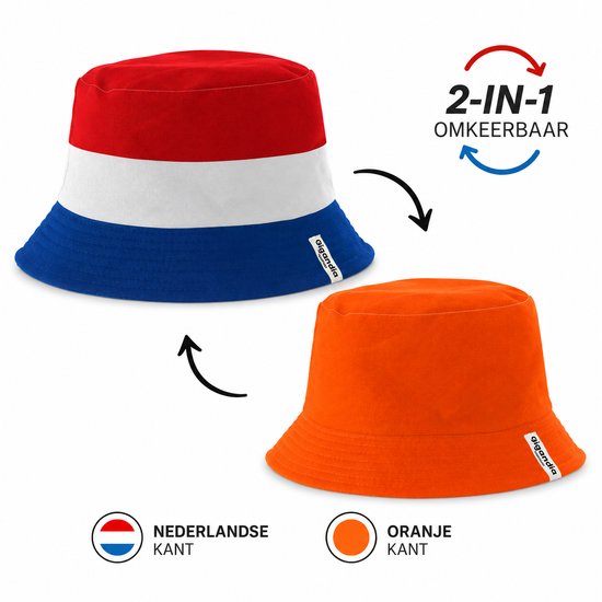 Omkeerbare emmerhoed: de ene kant heeft de Nederlandse kleuren (rood, wit, blauw), de andere kant is effen oranje. "2-IN-1 OMKEERBAAR"