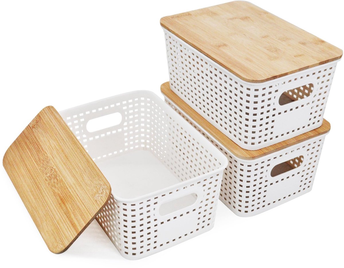 Dailygoods- Opbergdoos 5L met Bamboe Deksel - Stapelbaar - Ventilerend - Plastic - Witte Opbergbox - Decoratief en Elegant - Opbergmand
