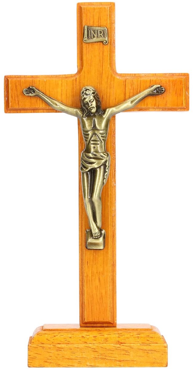 Dailygoods- Kruisbeeld Staand - Houten/Metaal Decoratie - Jezus Crucifix - Religieus Gebed - Hoogglans Gepolijst - Eenvoudig te Installeren