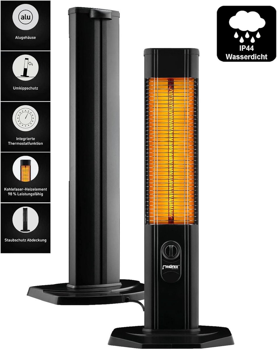 Infrarood warmtestraler carbon staande terrasverwarming IP44 waterdicht 2000 W binnen en buiten thermostaat afdekhoes aluminium behuizing omvalbeveiliging.