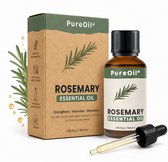 PureOil rozemarijn etherische olie flesje en doosje. Tekst: "100% Pure Rosemary Oil" en "Protective Brown Glass".