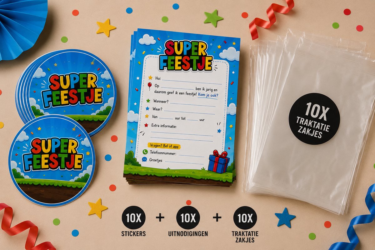 Traktatiepakket - 10x Uitnodigingen - 10x Zakjes - 10x Stickers - Uitdelen - Trakteren - Super Feestje - Afscheid - Peuterspeelzaal -Baisschool