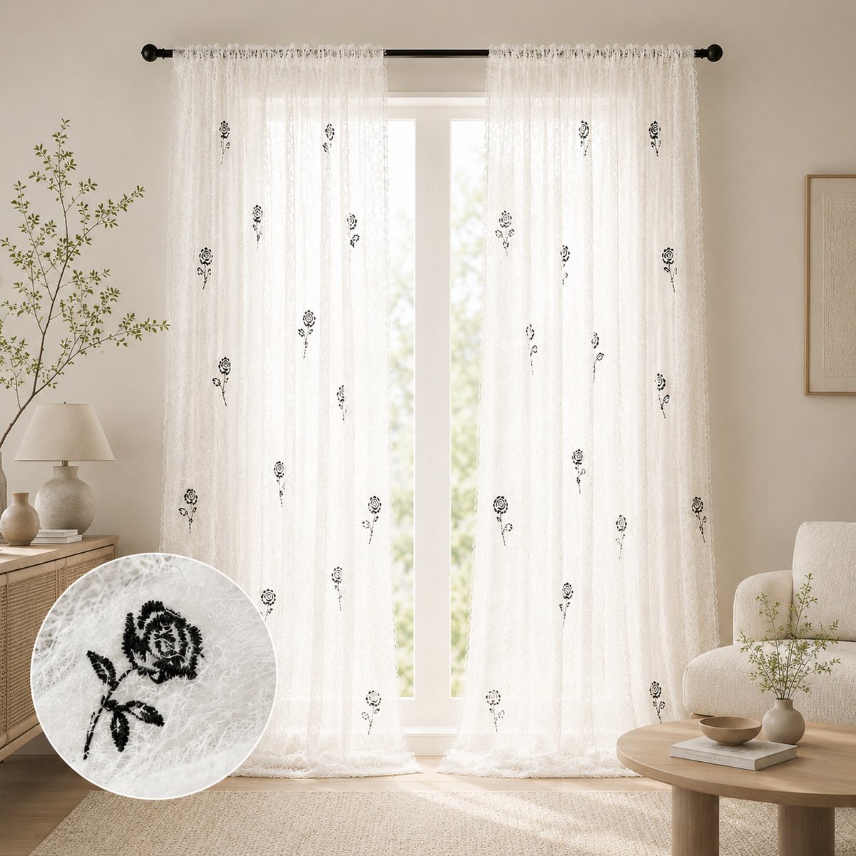 Qelus 2 Stuks Roos Geborduurde Vitrage - Shaggy Voile Gordijnen - 132x175cm - Decoratieve Gordijnen - furry textuur - lichtfilterend - voor woonkamer - bruiloft - Wit