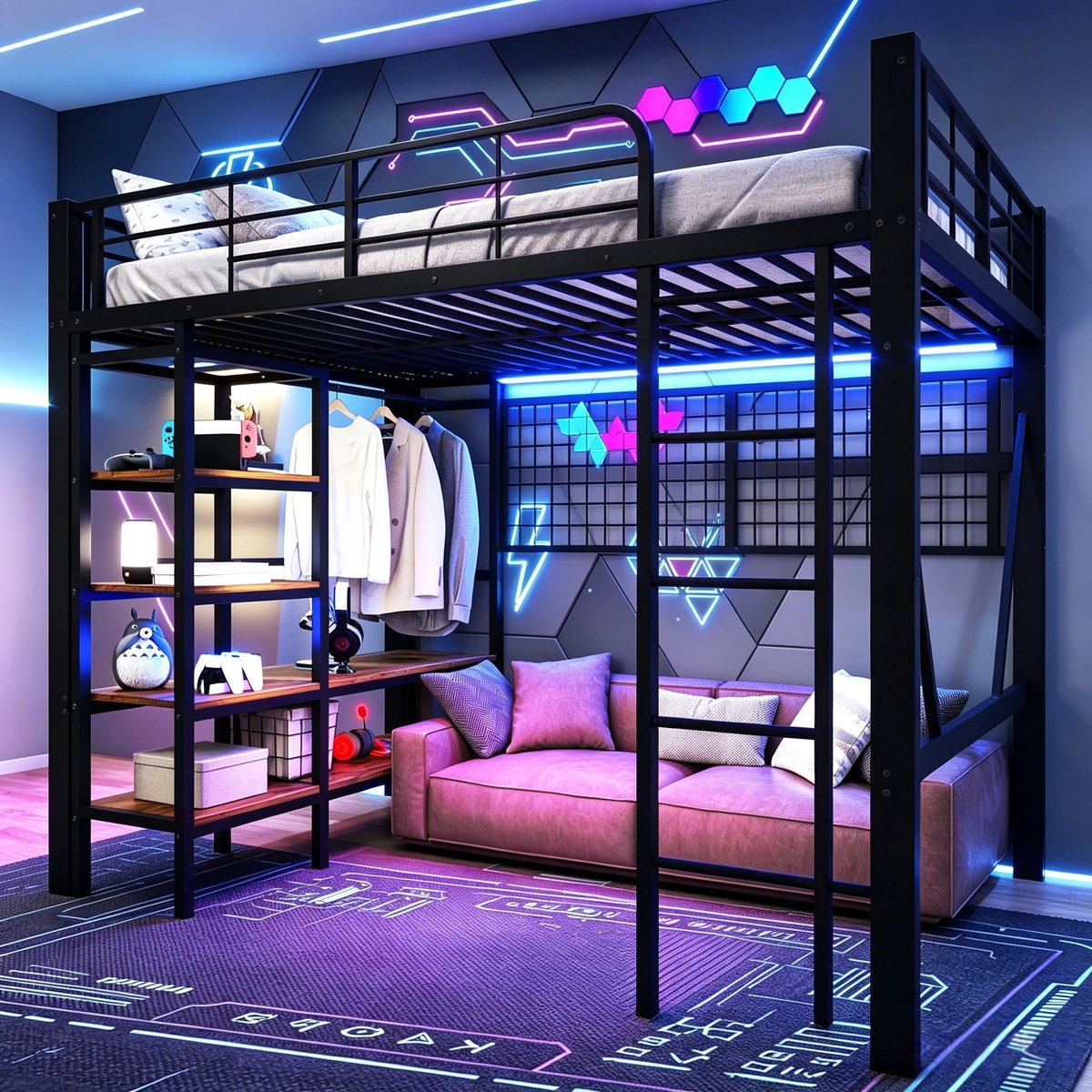 Hoogslaper, 90 x 200 cm, Ijzeren frame, Opbergvak, net voor het Ophangen van Kleding, met Kledingstang, open Ruimte onder het bed, met led-lichtstrip, Zonder Matras, Zwart
