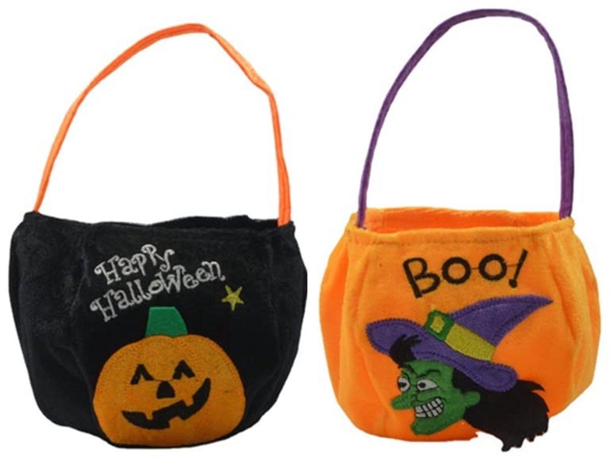 Dailygoods- Snoeptas Halloween - Set van 2 - Goud Fluweel - Trick-or-Treat Tas - Duurzaam - Ideaal voor Kinderen - 150 mm Hoog - Traktatietas