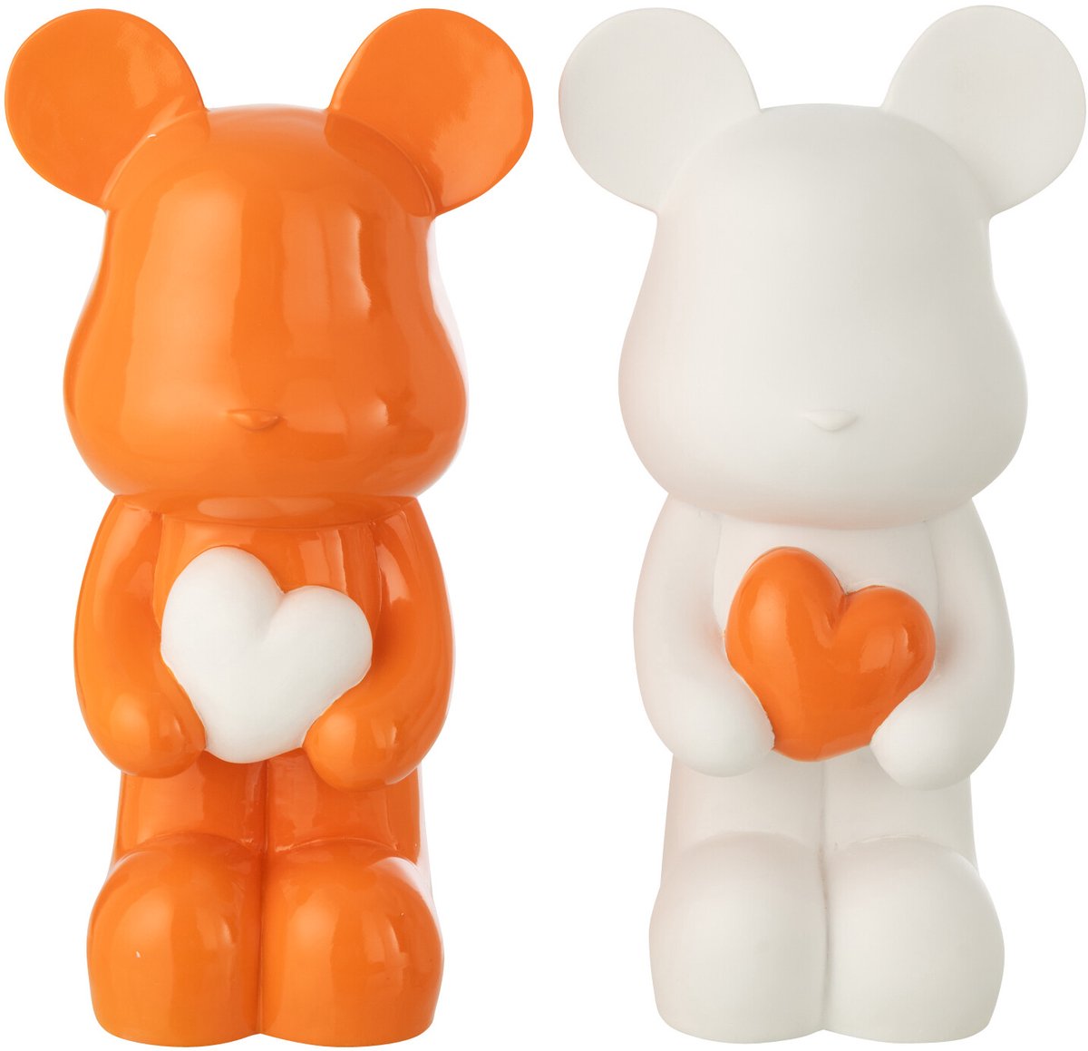 J-Line decoratie Beer Hart - polyresin - wit/donkeroranje - small - set van 2