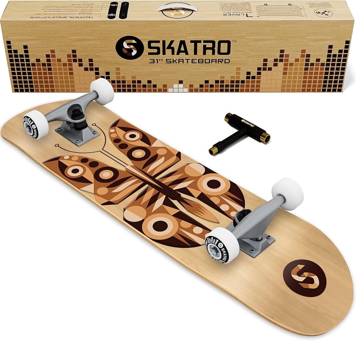 Compleet Skateboard Pro Board Trucs Uitvoeren Gepatenteerde Kleeftechnologie 31 x 8 Inch Houtkleur Vlinder