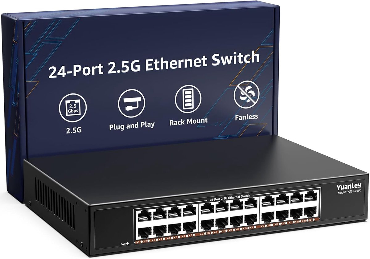 Netwerk Switch - Ethernet Hub - Snel Internet - 24 Poorten 2.5G - 120Gbps Capaciteit - Zilver