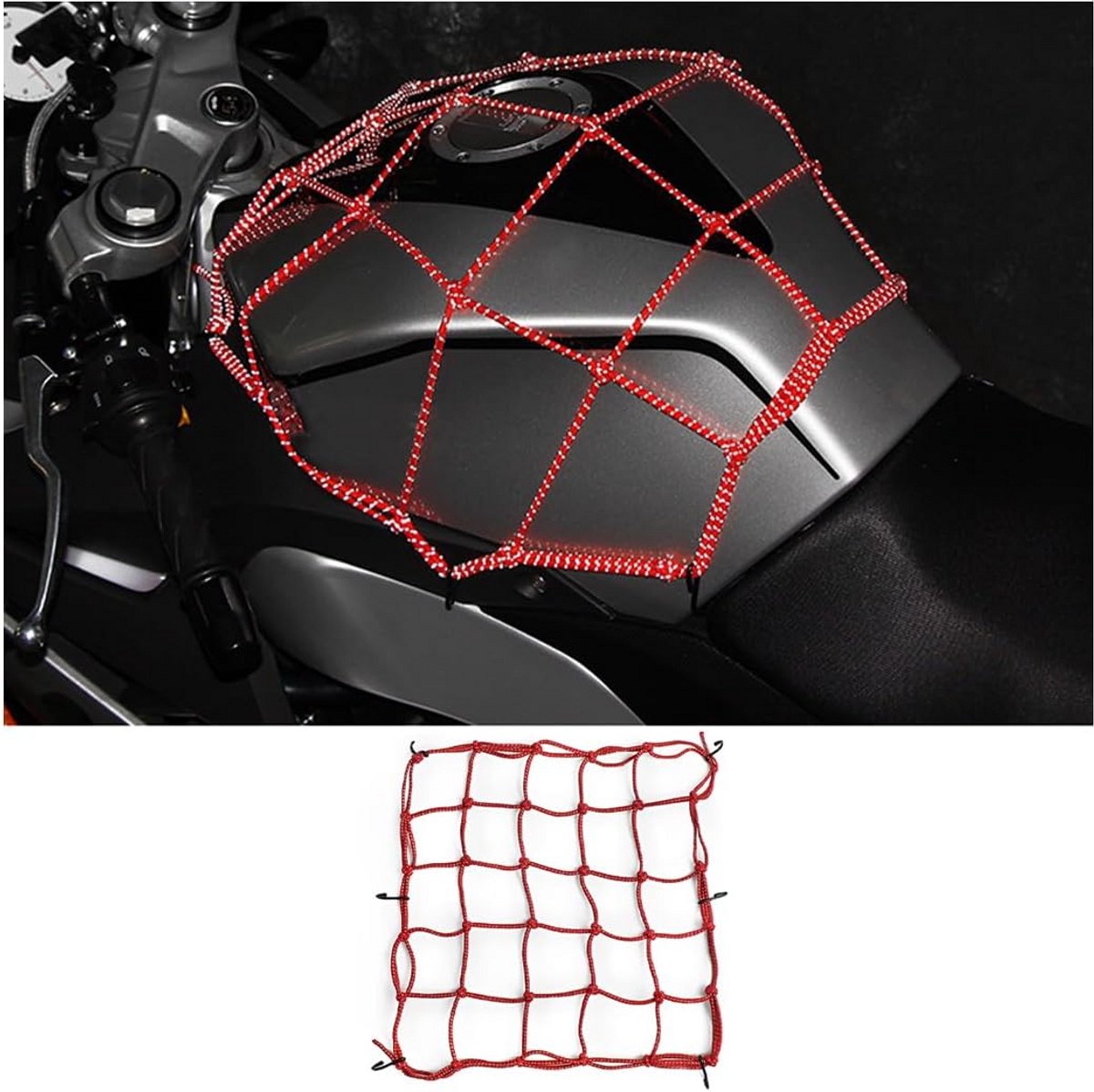 Bagagenet Motor - Vrachtnet Bungee - Lading Zekeren - Reflecterende Banden - 6 Haken - Rood