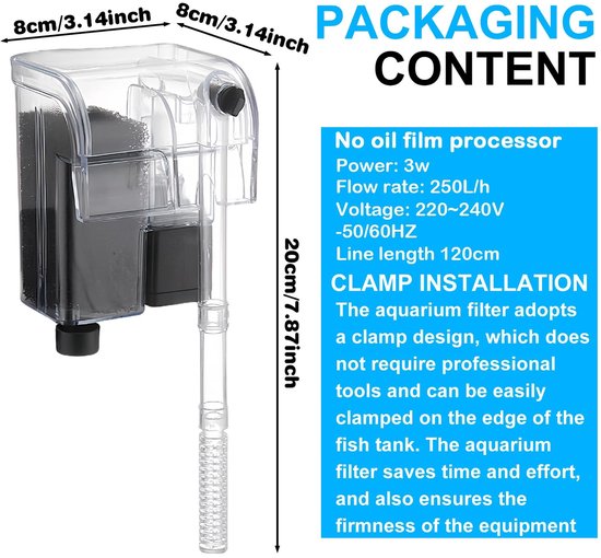 Dailygoods- Buitenfilter 250 l/u instelbaar - Wandgemonteerd Aquariumfilter - Voor 20/60-liter Aquaria - Instelbare Doorstroming - 3W Vermogen - Verbeterde Leefomgeving
