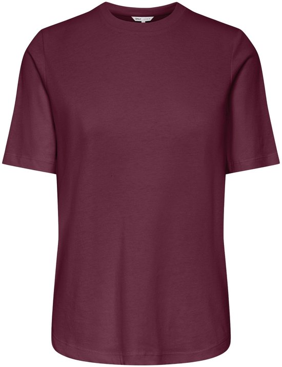 Un t-shirt uni en coton bordeaux à manches courtes de la marque Only, avec des manches courtes et un col rond.