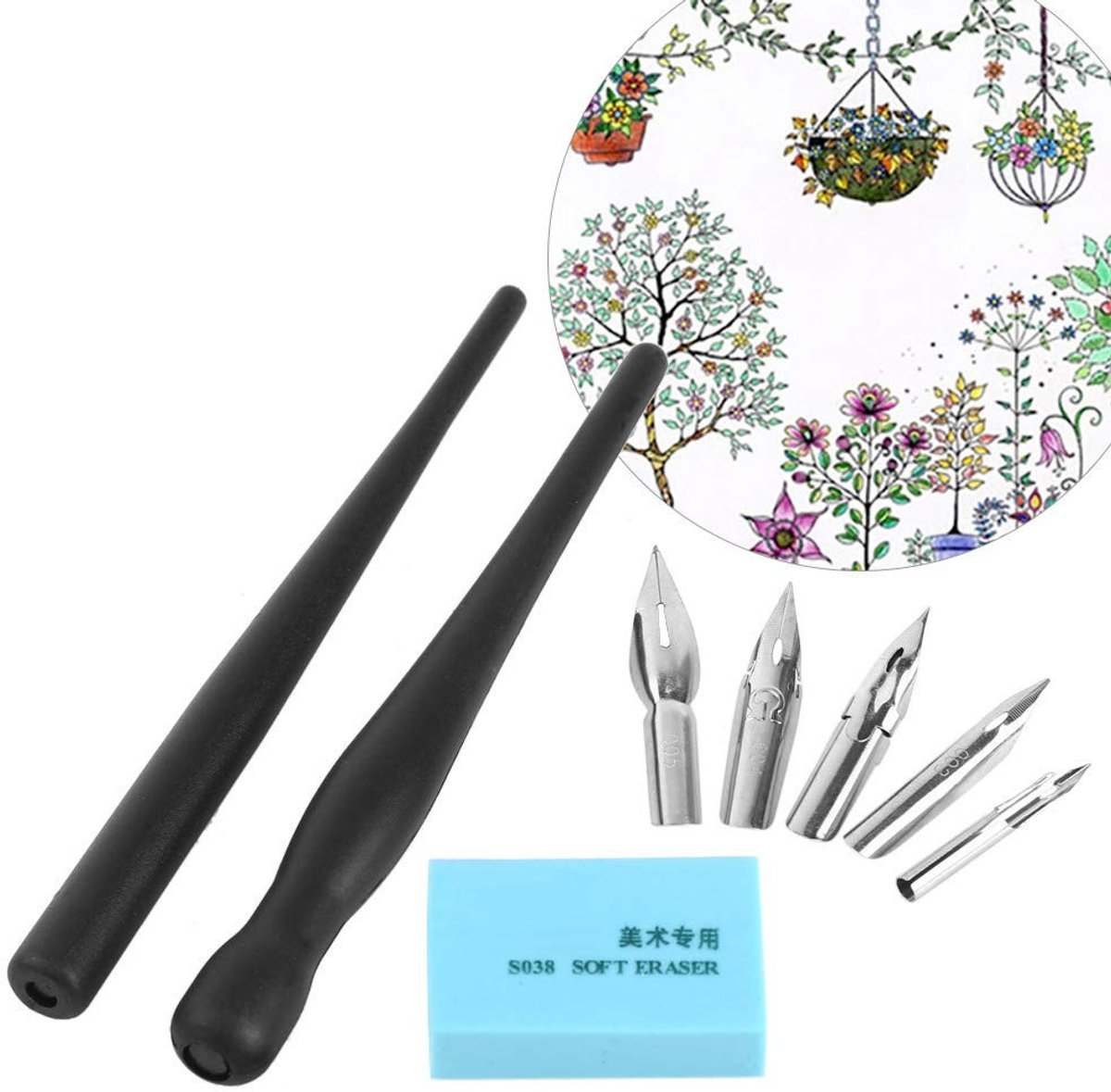 Dailygoods- Tekenpen Set - 2 Penhouders - 5 Nibs - Kunststof/Roestvrij Staal - Duurzaam - Afmetingen 12 cm - Tekenmateriaal