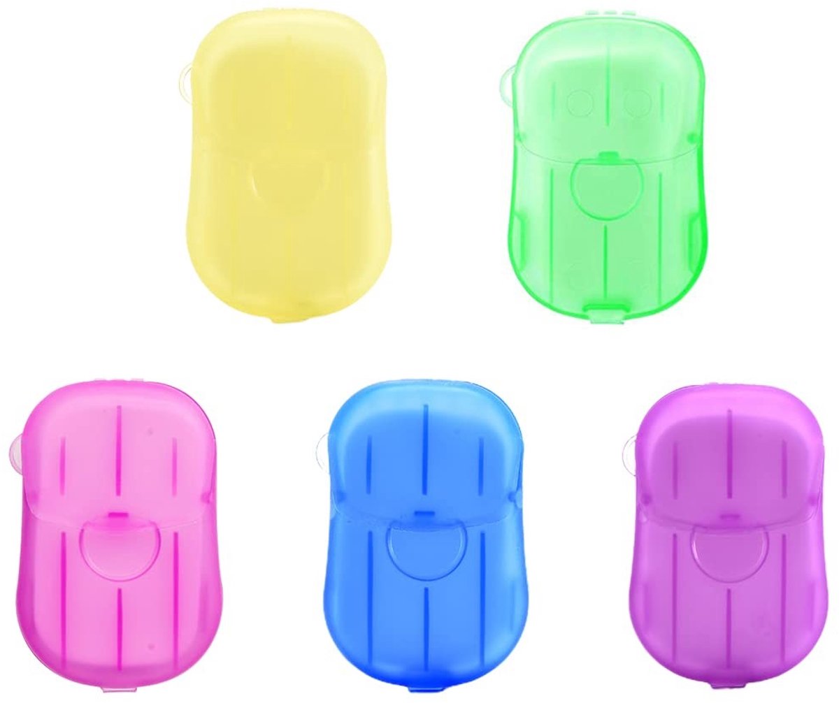 Dailygoods- Papierzeep 5 Stuks - Draagbare Mini-zeepblaadjes - Kunststof Doos - Zeeppapier - Ideaal voor Camping - Lichtgewicht en Handzaam - Zeepbladen
