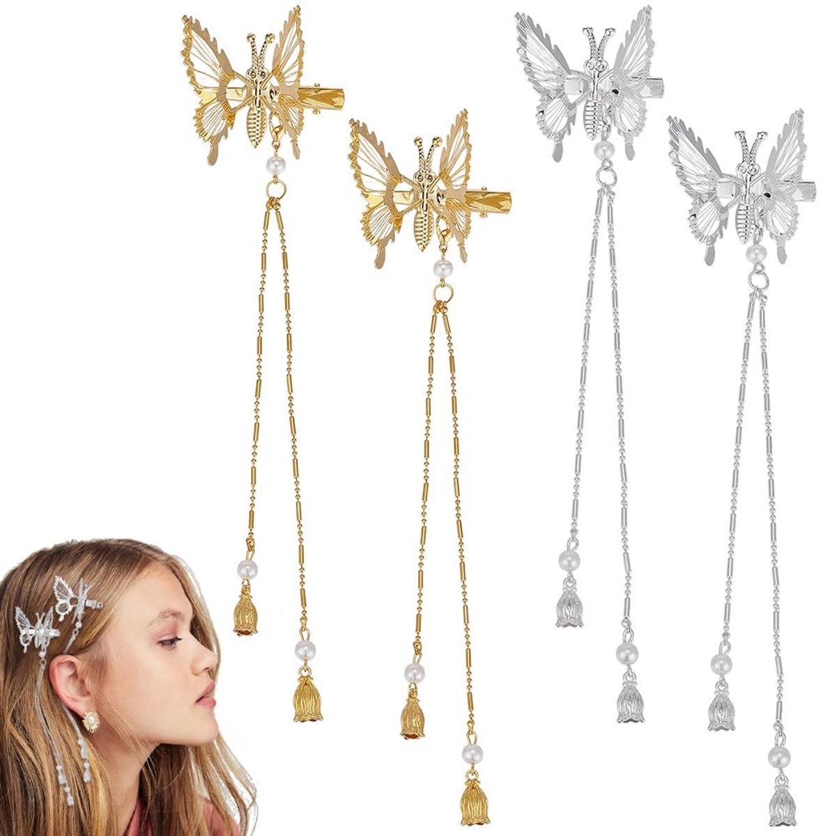 Dailygoods - 4 Stuks Vlinder Haarspeldjes met Lange Kralen Kwastje - Mode Accessoires voor Vrouwen
