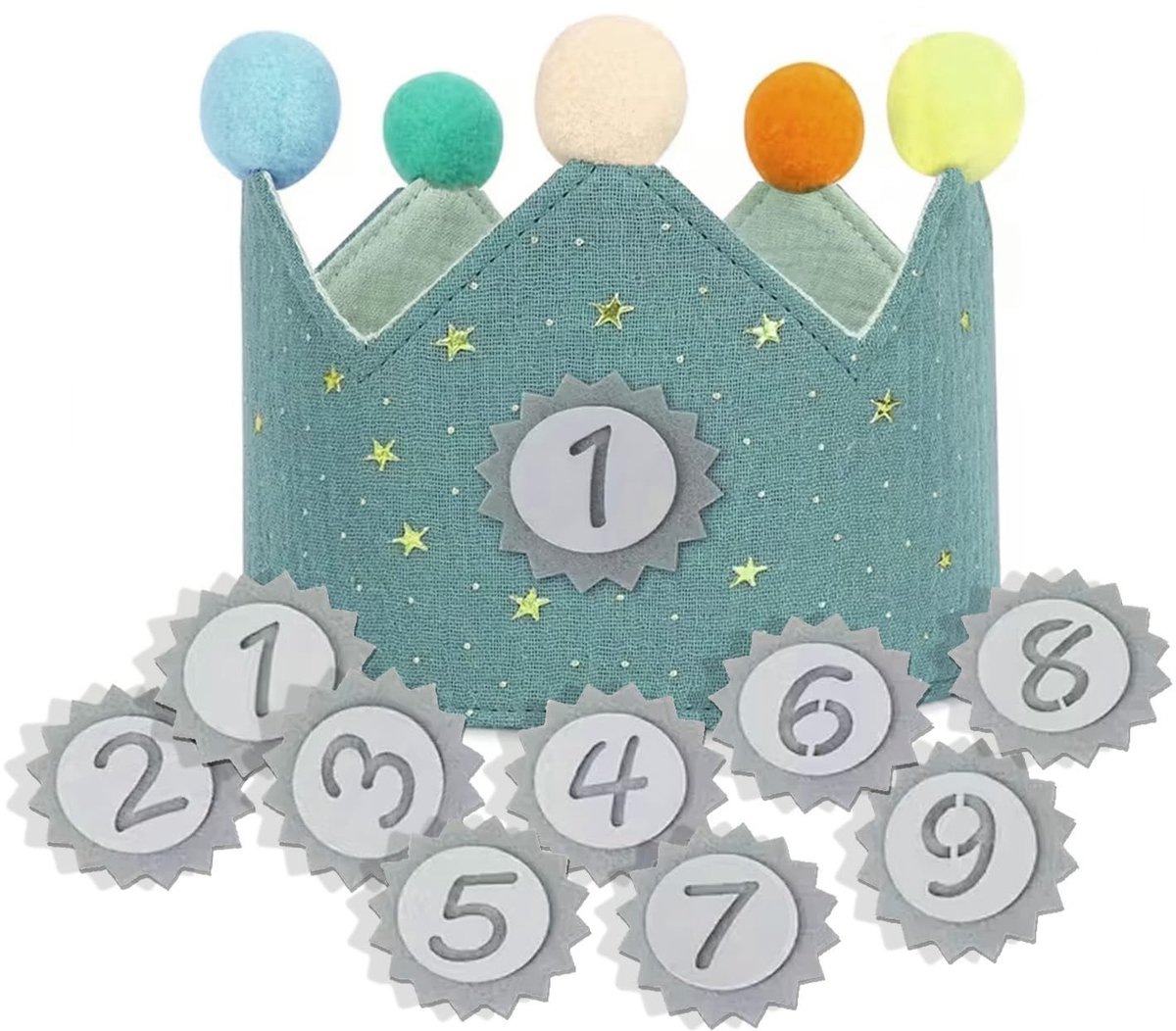 Dailygoods- Verjaardagskroon met verwisselbare cijfers - Katoenen kroon - Feestdecoratie - Geschikt voor jongens/meisjes - 40 x 12,5 cm - Herbruikbaar - Verjaardagsmuts