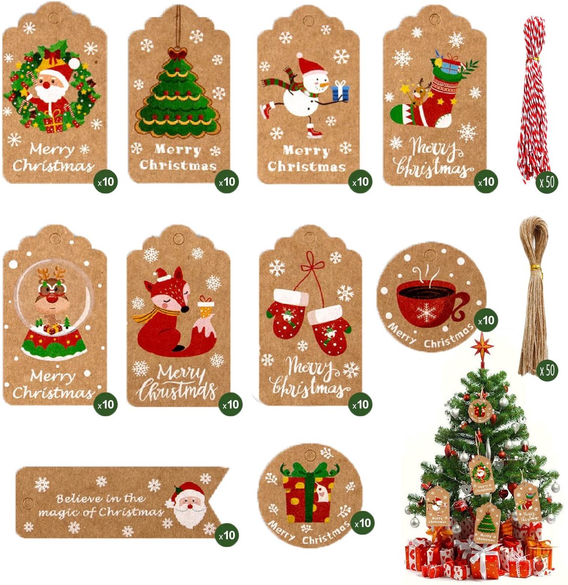 Dailygoods- Geschenkhanger 100 stuks - Cadeaulabels - Kerstcadeauhangers - Kraftpapier - Decoratie - Uniek ontwerp met kerstpatroon