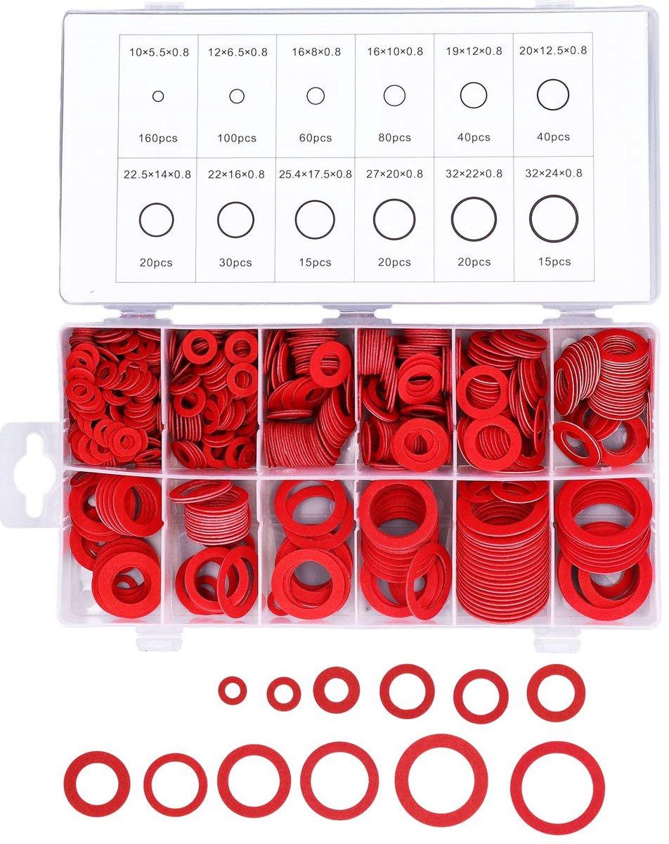 Dailygoods- Fiber Washer Assortiment 600 Stuks - Platte Afdichtringen - Diverse Maten - Isolatie - Hoge Prestaties - Met Plastic Doos