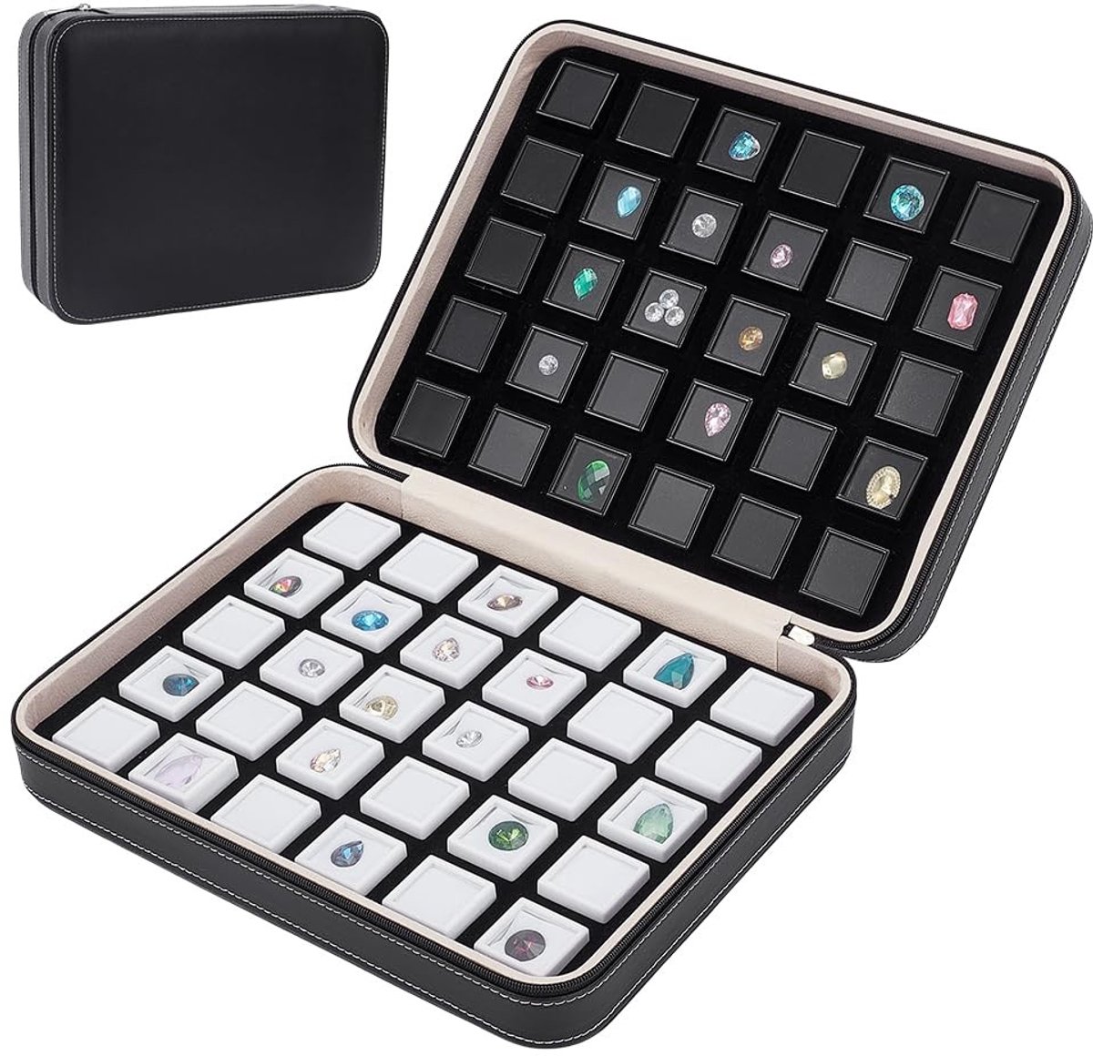 Dailygoods- Opbergdozen 60 Vakken - Sieradendoos - Edelsteen Organisator - PU Lederen Bekleding - Zachte Binnenspons - Veilig en Elegant Display - Sieradenbox