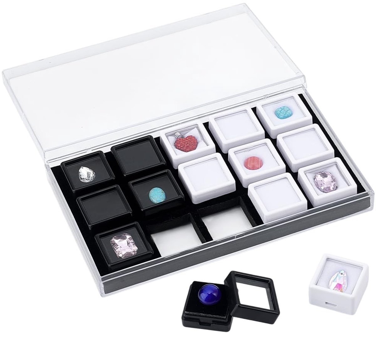 Dailygoods- Edelsteen Display Box 15 Roosters - Sieraden Organizer - Mini Edelstenen Container - Duurzaam en Sterk - Hoogwaardige Doos - Afmetingen 180x110x25 mm - Sieradenbox