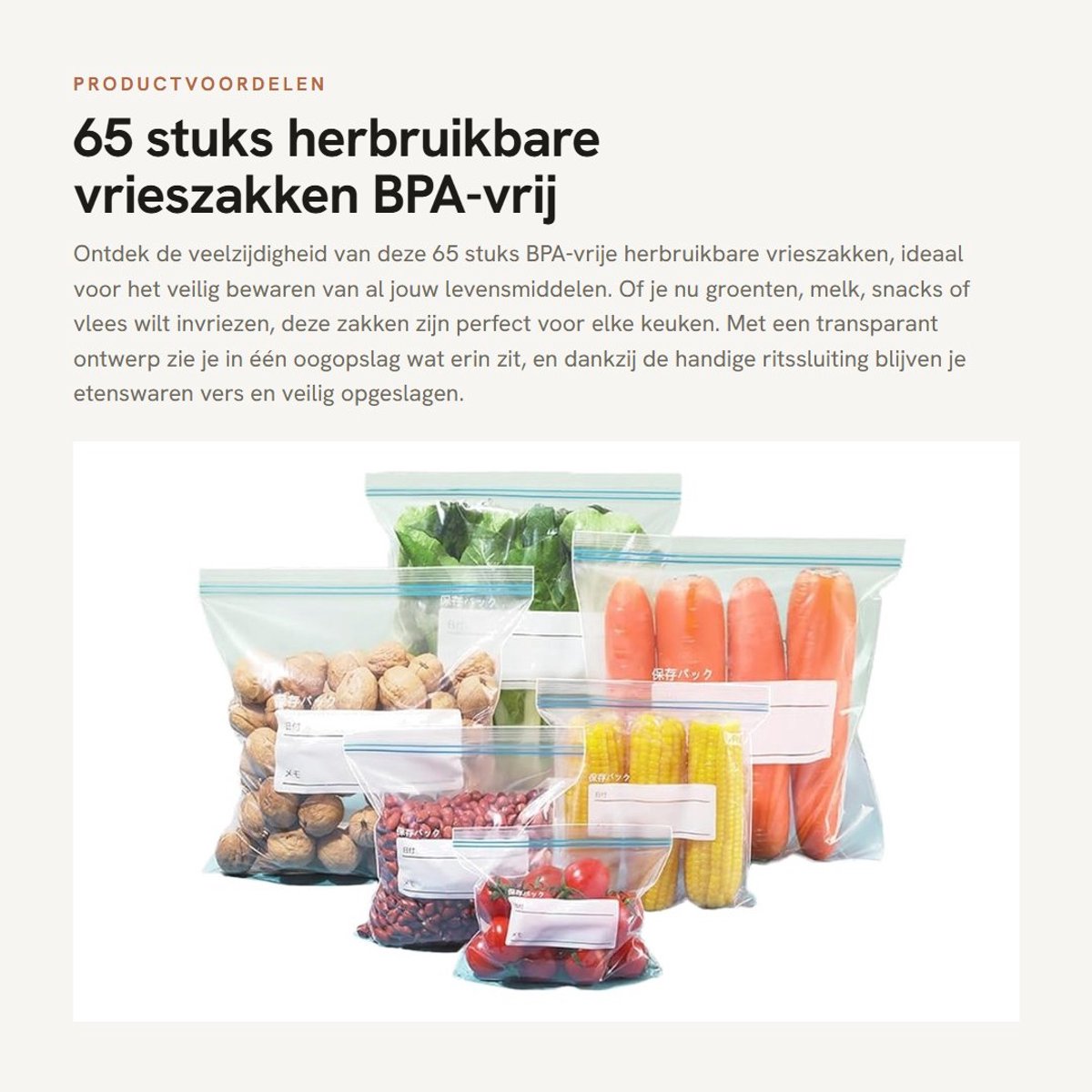 Dailygoods- Vrieszakken 65 stuks - BPA-vrij - Herbruikbaar - Diepvrieszakken - Transparant - Voor levensmiddelen, groenten, vlees