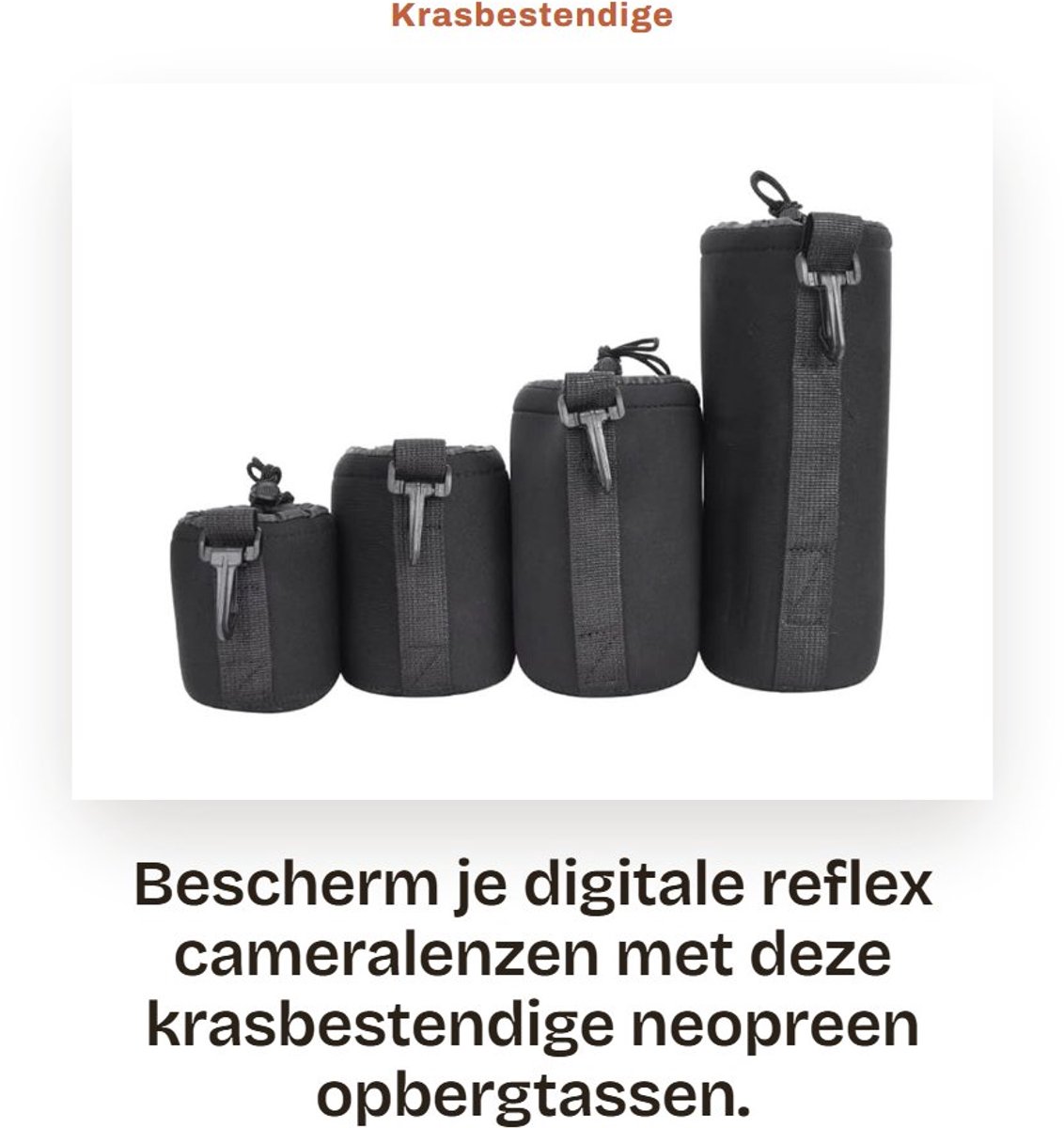 Dailygoods- Cameralens Opbergtas Krasbestendig - Neopreen Lens Tas - Zachte Voering - 3 Stuks - Haak voor Draaggemak - Elastische Sluiting - Lenstas