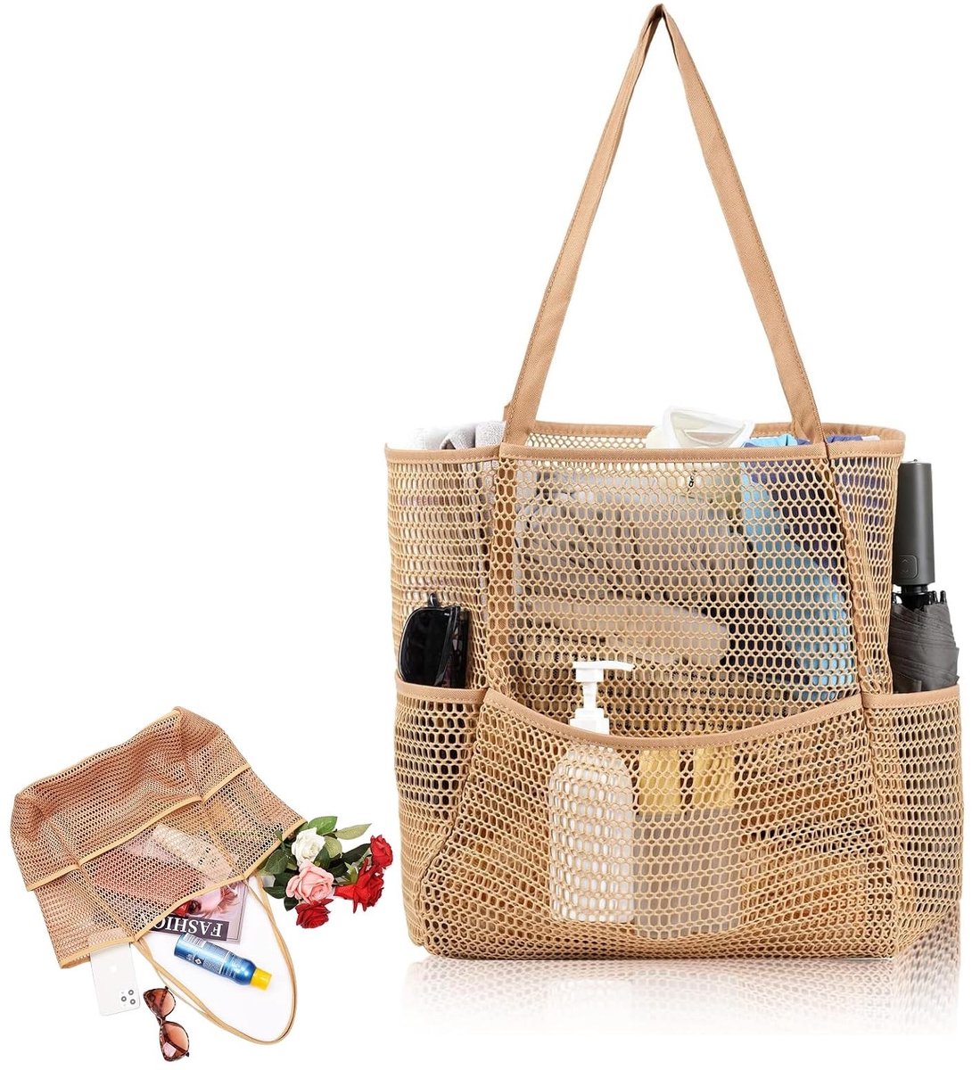 Dailygoods- Strandtas XXL waterdicht - Strandtas met rits - Opvouwbare schoudertas - Bad tas dames - Rieten strandtas - Grote afmetingen 49 x 36 x 14 cm - Badtas