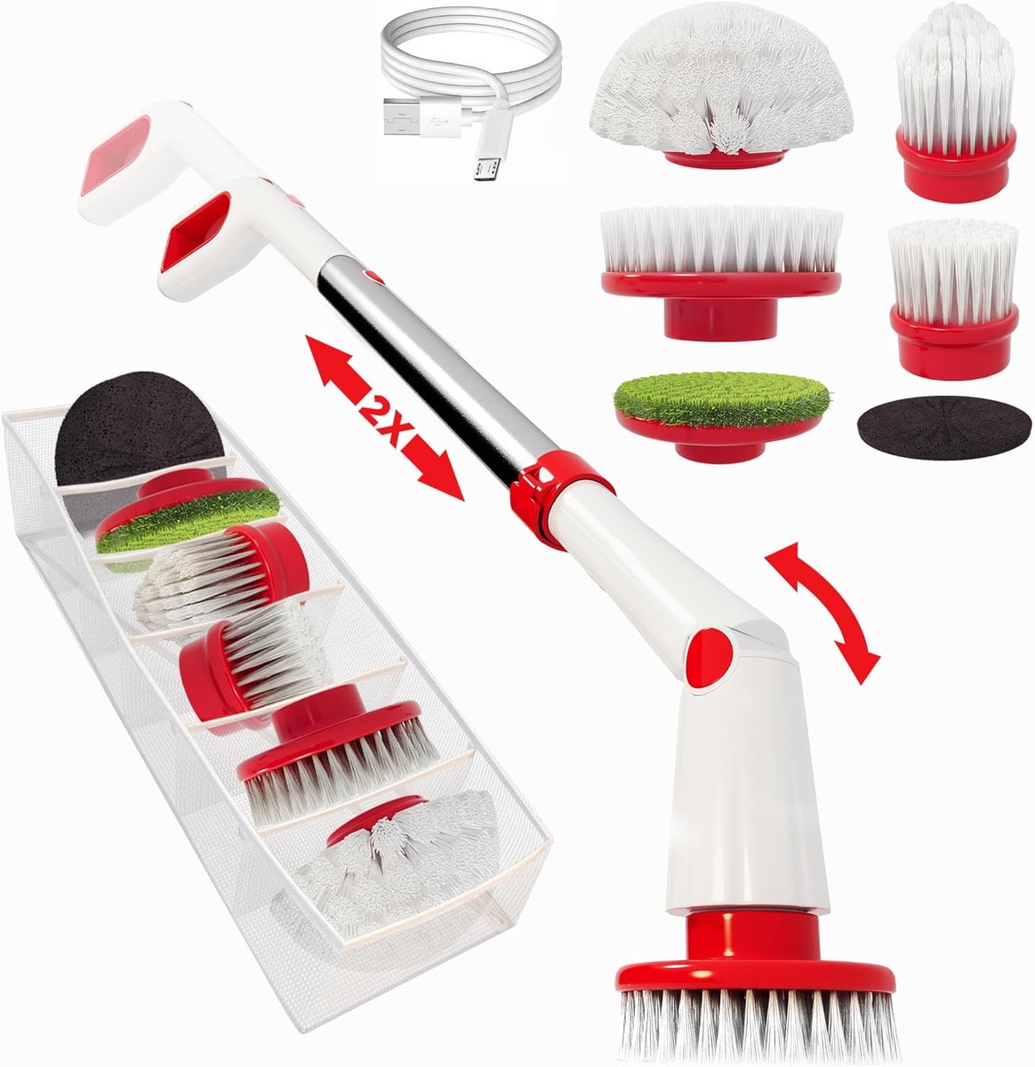 Elektrische Schrobber - Boenmachine - Huis Schoonmaken - Uitschuifbare Handgreep - 71 cm - Rood